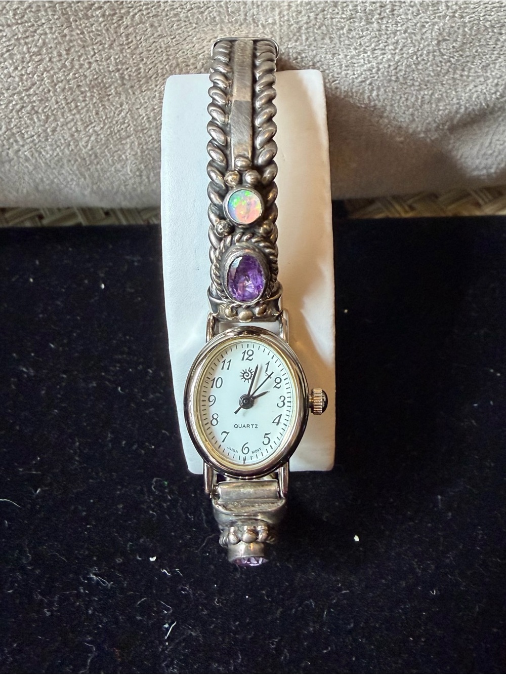 Vintage Sterling Silver Bracelet Watch with Purple Amethyst and Opal Accents.